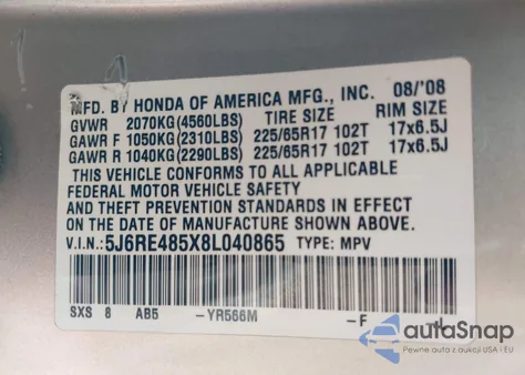 2008 Honda Cr-V Ex from USA, damaged, VIN 5J6RE485X8L040865